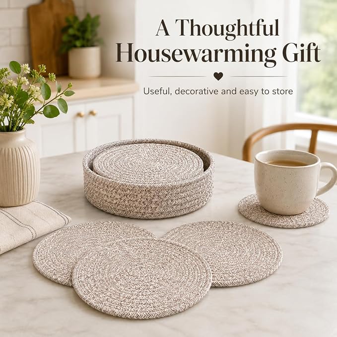 Coga Trivets for Hot Dishes, 4 Pack 7 Inch Cotton Hot Pads for Kitchen with Storage Basket, Round Pot Holders for Kitchen, Heat Resistant Mats for Countertop, Pots and Pans, Farmhouse Decor, Brown