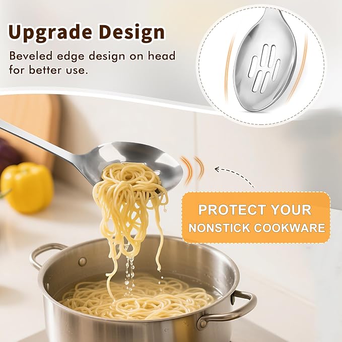 Stainless Steel Cooking Spoon, Solid Metal Serving Spoon, Heavy Duty Sturdy Large Soup Ladle, High Heat Resistant Kitchen Cooking Utensils for Mixing, Stirring, Ergonomic Handle, Easy to Clean, Silver