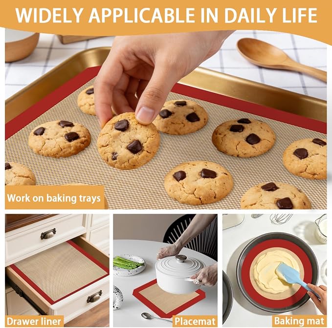 SenseYo 6 Pcs Silicone Baking Mat Non Slip Reusable BPA Free Silicone Rectangular Bakeware Sheet Liner for Cookies Pastry Bread Dough Prep Oven Counter (Red)