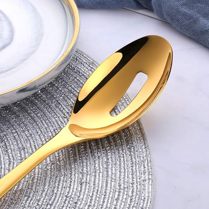 Long Handle Serving Set, 10 inch Stainless Steel Polished Server Spoon, Fork, Slotted Spoons, Set of 3 (Gold)