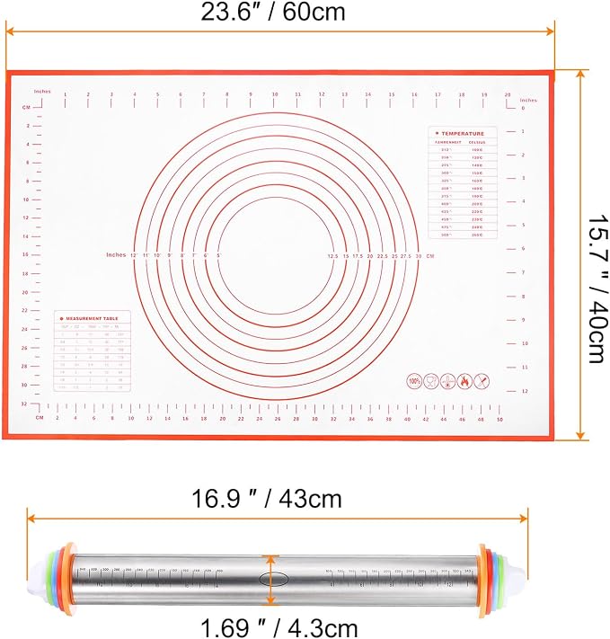 HARFINGTON 4pcs Rolling Pin 16.9 Inch x 1.69 Inch Non-Stick with Silicone Baking Pastry Mat Adjustable Guide Rings Roller Dough Roller Kitchen Decorating Tools for Cookie Pastry Pizza Clay