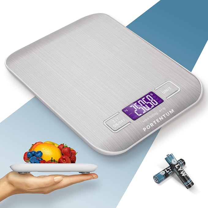 PORTENTUM Digital Kitchen Scales 5kg/11lb with Large LCD Display, Food Scales with Large Stainless Steel Weighing Surface, Liquid Measurement, High Precision up to 1 g, Tare Function,
