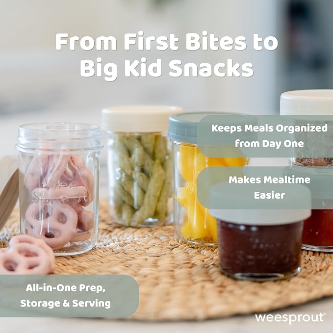 WeeSprout Baby Food Storage Glass Jars w/Lids (8 oz, 8 Pack) Pastel Variety, Snack, Reusable Small Containers, Fridge or Freezer, Microwave & Dishwasher Safe, Essentials for Infants