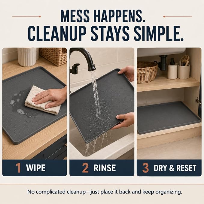 25” x 19” Silicone Under Sink Mat for Bathroom/Kitchen Cabinet Organizer Mat | Leak-Proof Waterproof Liner Pad & Anti-Spill Tray | 0.7in Edge Barrier, 3.5Gal Capacity