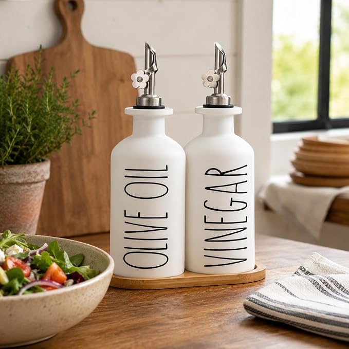 HOMCDALY Premium Olive Oil Dispenser for Kitchen, 11.8oz Glass Oil Bottles with Bamboo Tray, White Oil&Vinegar Cruet Set, Kitchen Dispenser Bottles with Pourer| Set of 2 (11.8oz –P–White)