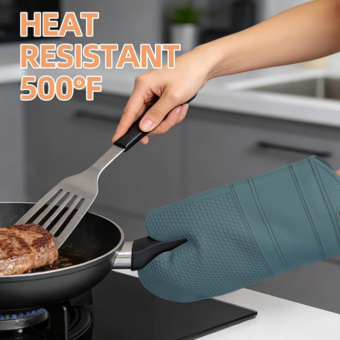 YUTAT Silicone Oven Mitts,Heat Resistant 500F Kitchen Mitts 2PCS,Waterproof Cooking Gloves with Soft Polyester Filling for Kitchen Cooking Baking BBQ - Agave