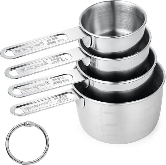 -BINGBING- Measuring Cups of 4, Stainless Steel Measuring Cups, Stackable | Stainless Steel Cups with Metal Handle for Dry and Liquid Ingredients, Ideal for Cooking & Baking