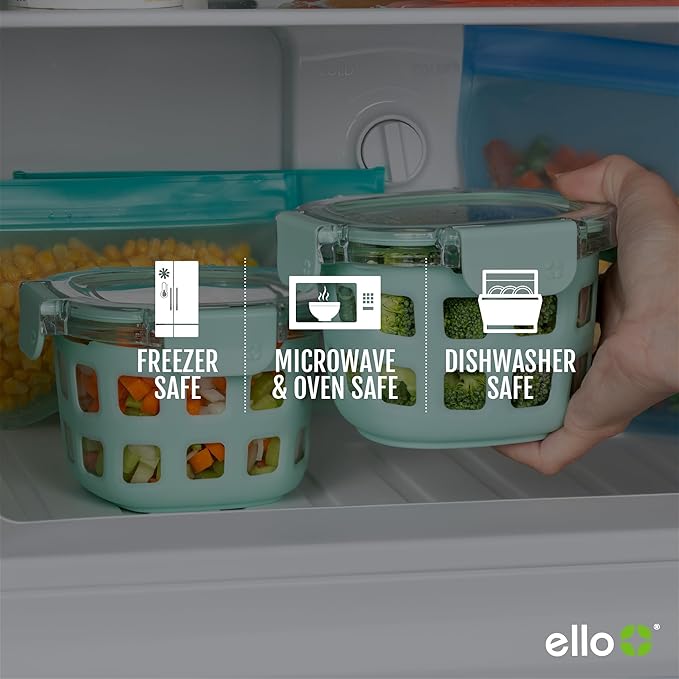 Ello Duraglass 2 Cup Glass Storage Containers with Lids, 2 Pack, Yucca | Glass meal prep set with silicone sleeves, leakproof BPA-free lids, microwave and oven safe, freezer and dishwasher safe