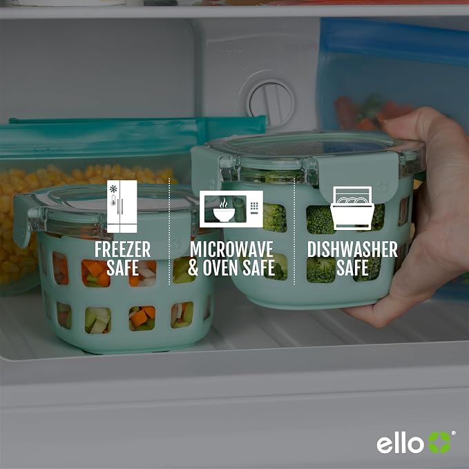 Ello DuraGlass Rounds Glass Food Storage Containers - Meal Prep Bowls with Silicone Sleeve and Airtight Lids, 2 Cup, Yucca (Pack of 6)