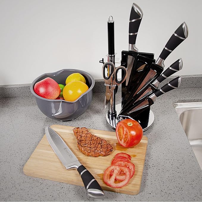 Kitchen Knife Set, 9Pcs Black Knife Set with Rotation Block, Ergonomical Handle,Non Stick Sharp Stainless Steel Chef Knife Block Set for Home Cooking Gift