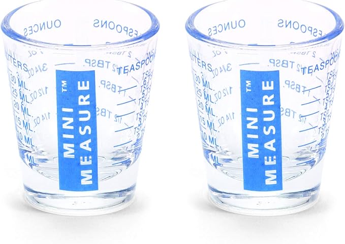 Kolder Mini Measure Heavy Glass, 20-Incremental Measurements Multi-Purpose Liquid and Dry Measuring Shot Glass, Blue, Set of 2