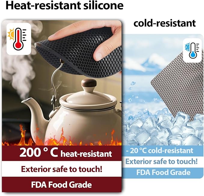 4 Pack Silicone Hot Pads & Pot Holders - Heat Resistant Non-Slip Mats for Kitchen Countertops, Trivets for Hot Pots, Dishwasher Safe & BPA-Free (Black)