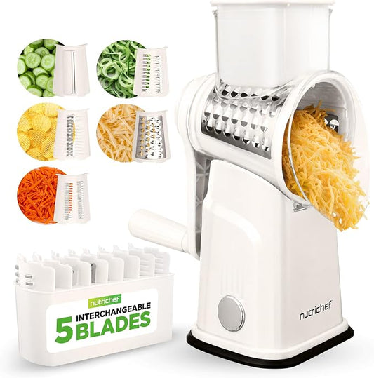 NutriChef 5 in 1 Cheese Grater & Shredder | 5 Different Blades for Thin, Thick, Julienne Strips, Wavy, & Straight Strips | Includes Hand Crank, Strong Suction Base & Storage Container | White