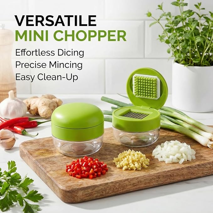 2-Pack 3-in-1 Garlic Press Set, Stainless Steel Garlic Mincer with Garlic Peeler & Cleaning Brush, Garlic Crusher Tool with Storage Container for Kitchen Cooking (Green)