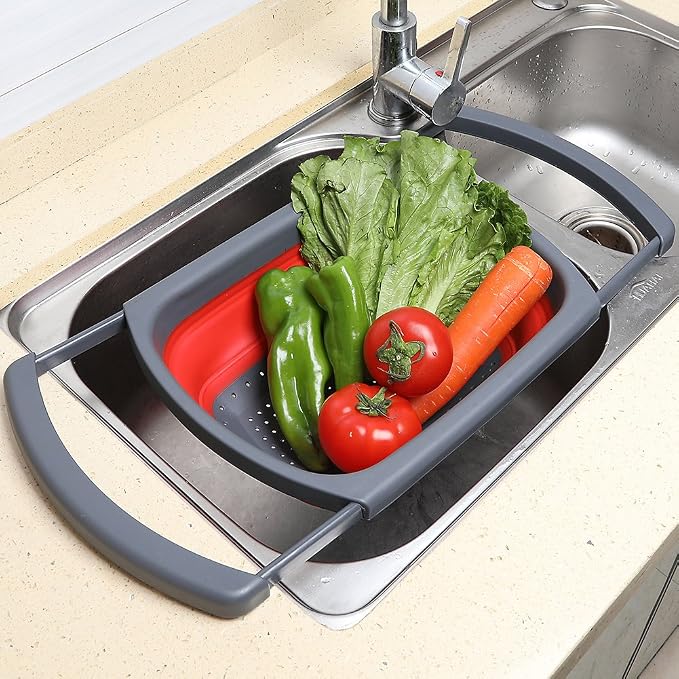 Qimh Colander Collapsible, Over The Sink Veggies/Fruit 6-Quart Strainers and Colanders with Extendable Handles, Folding Strainer for Kitchen