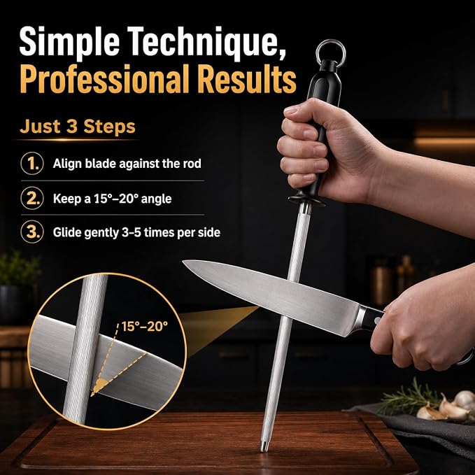 Honing Steel Rod 10 Inch, High Carbon Sharpening Steel Knife Sharpener with Non-Slip Ergonomic Handle, Professional Rod for Kitchen, Chef & Butcher Knives, Gift Box Included