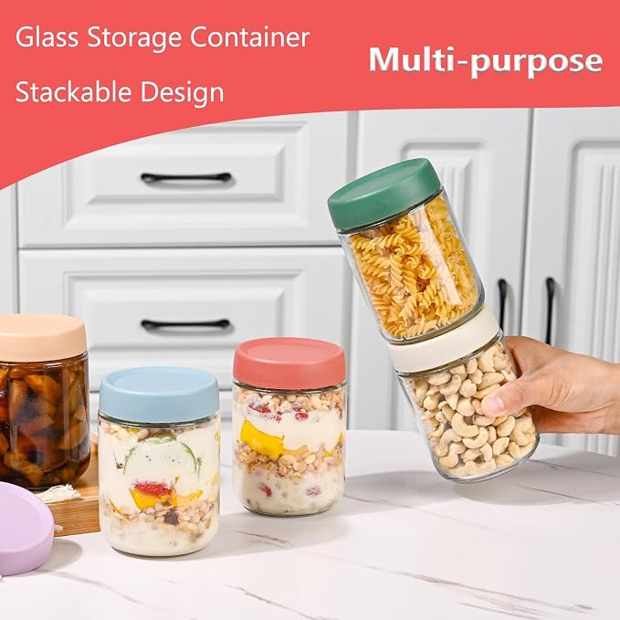 Artcochan Overnight Oats Containers with Lids 16 oz Glass Jars 6 Pack Glass Mason Jars with Airtight Lids, Perfect for Oats, Yogurt, Chia Pudding, Snack