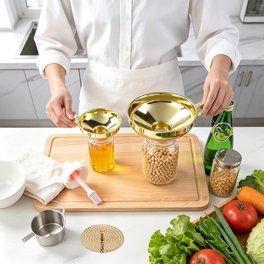 Gold Stainless Steel Canning Funnel Set, Wide Mouth Funnel Large Metal Funnels, Kitchen Use Canning Supplies for Transferring Liquid Power Jam Grains Dry Wet Ingredients