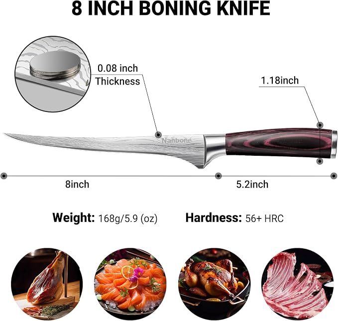 Boning Knife 8 Inch Super Sharp Fillet Knife High Carbon Stainless Steel Kitchen Knife with Wooden Handle, Chinese Boning Knives for Meat Poultry Chicken Deboning Knifes