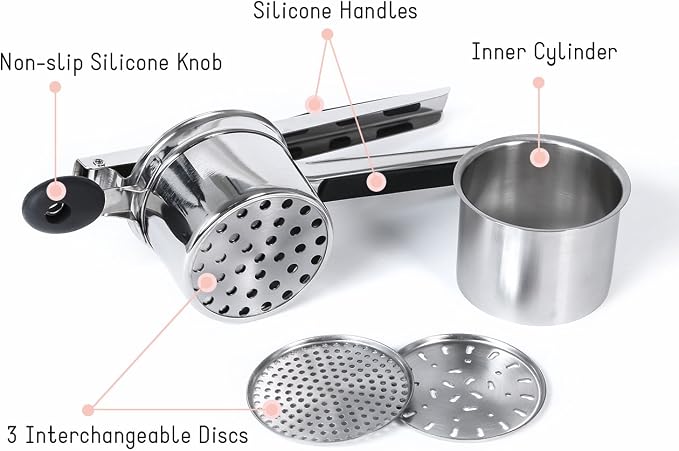 Rorence Stainless Steel Potato Ricer with 3 Interchangeable Discs & Inner Cup & Silicone Grip Handles - Black