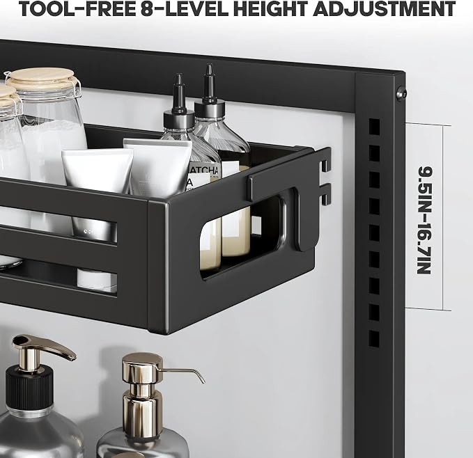 1 Pack Under Sink Organizer,Pull Out Cabinet Organizer with Smooth Cylindrical Rail,Metal Slide Out Drawer for Kitchen Bathroom Laundry Cabinet,8-Level Tool Free Height Adjustable-Black