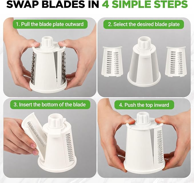NutriChef 5 in 1 Cheese Grater & Shredder | 5 Different Blades for Thin, Thick, Julienne Strips, Wavy, & Straight Strips | Includes Hand Crank, Strong Suction Base & Storage Container | White