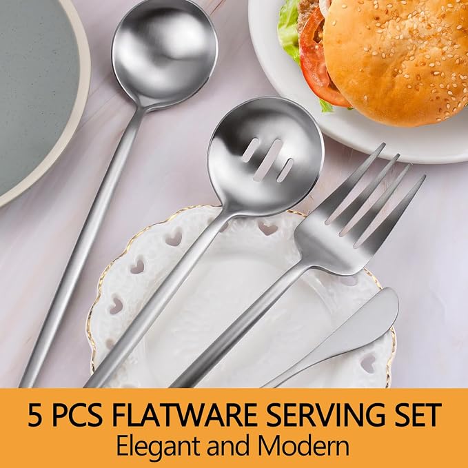 Large Serving Utensils Set,5 Pcs Stainless Steel Silver Serving Utensils with 10.8 Inch Serving Fork,10.3 Inch Serving Spoon,Slotted Serving Spoons,Sugar Spoons,Butter Knife for Party Buffet Banquet