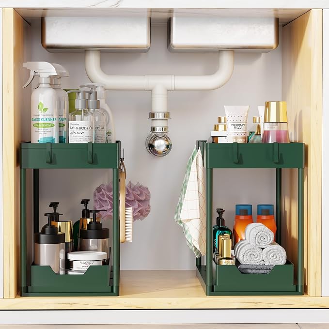 Simple Trending Under Sink Organizer 2 Pack, with Sliding Drawer, Green | 2-Tier Multi-Use Under Shelf Organizer with Hooks, Sink Pull-Out Sliding Storage Cabinet for Kitchen Bathroom, Easy Assembly