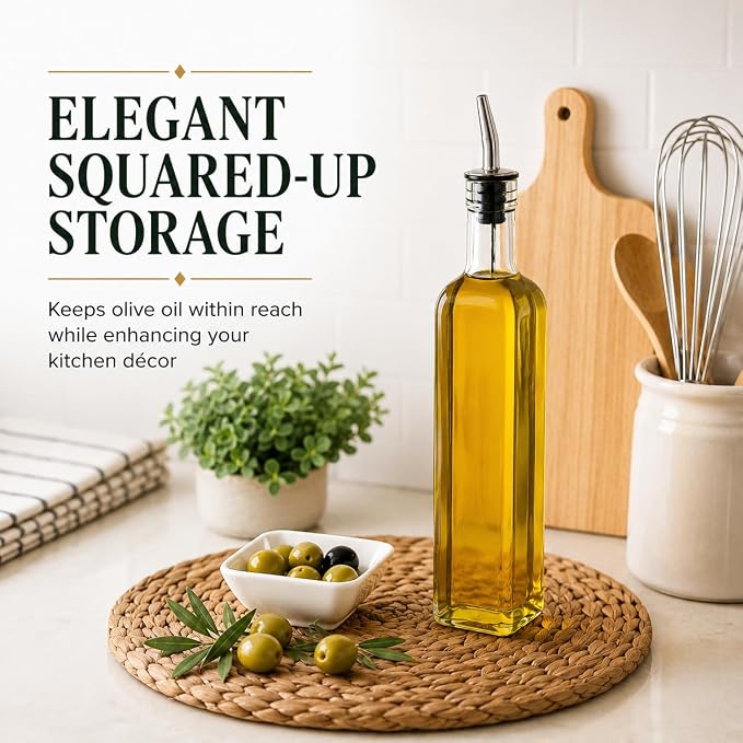 Olive Oil Dispenser Bottle - 16 oz, Made in Italy Glass Olive Oil and Vinegar Cruet with Stainless Steel Spout for Kitchen, Slight Green Tint (1, 473 ml)