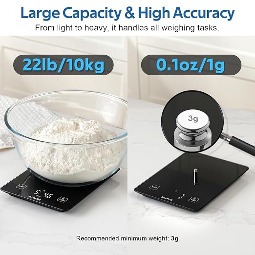 Waterproof Food Scale, 22lb Kitchen Scale, IP67, Rechargeable, Black | 1g Precision, Premium Tempered Glass, Clear LED Display, 6 Units, Tare, Ideal for Baking, Cooking, Making Sourdough Bread