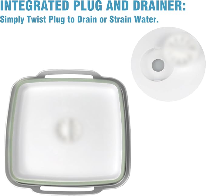 ddLUCK Dish Basin Collapsible with Drain Plug Carry Handles for 9L Large Capacity, Washing Basin, Collapsible Dish Tub for RV Sink, Vegetable, Fruit, Food Sink Strainer Dish Washing Tub - Green