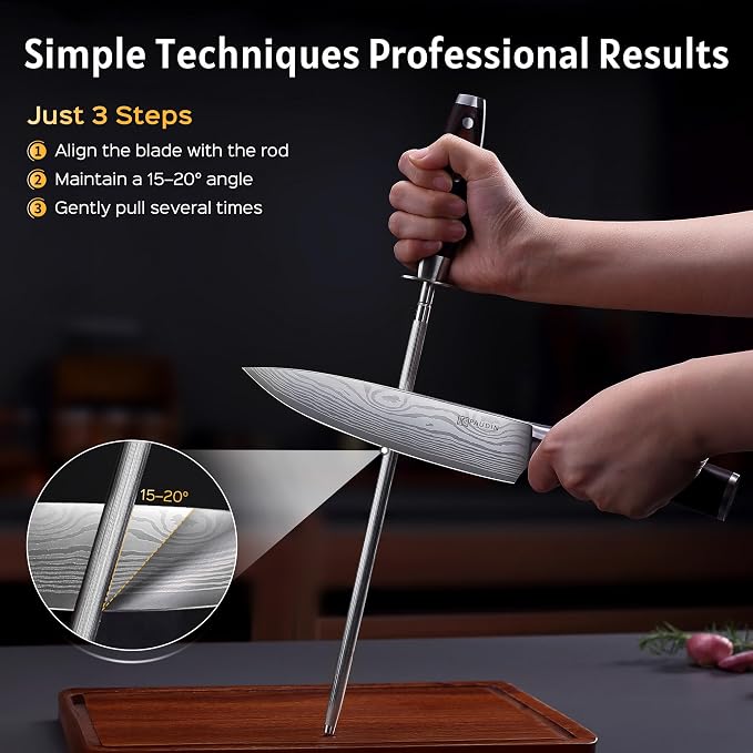 PAUDIN Honing Rod, Knife Sharpener Rod 12 inch, Professional Kitchen Knife Sharpener, High Carbon Knife Sharpening Steel with Ergonomic Pakkawood Handle, Honing Steel for All Chef Knives