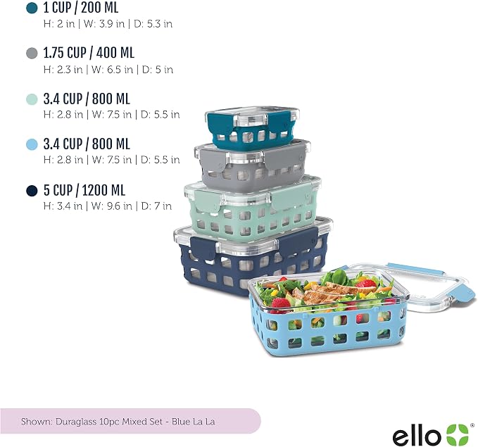 Ello Duraglass Mixed Meal Prep Sets Leak-Proof Glass Food Storage Containers with Silicone Sleeves and Airtight BPA-Free Lids, Dishwasher, Microwave, and Freezer Safe