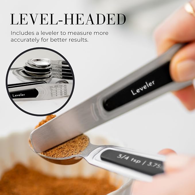 Stainless Steel Magnetic Measuring Spoons Set - 8-Piece Heavy Duty Metal, BPA-free, Stackable, Double Sided Measuring Spoons with Leveler for Dry and Liquid Ingredient - Fits in Spice Jars