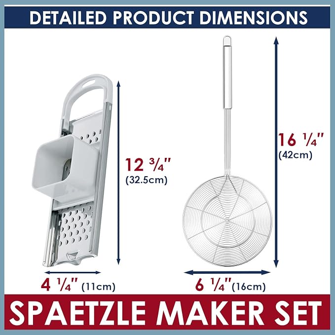 Premium Grade Stainless Steel Spaetzle Maker with Safety Pusher, Stainless Steel Spider Strainer Skimmer Spoon Pasta Strainer, Homemade Traditional German Egg Noodle Dumpling Making Tool Set