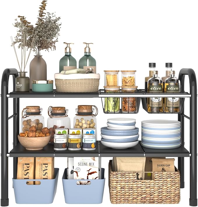 Expandable Under Sink Organizer, 2 Tier Under Sink Shelf | With 2 Removable Baskets and 6 Removable Panels, For Cabinet Sink Cloakroom Wardrobe Closet Storage, Black, 17.71”-32”Length