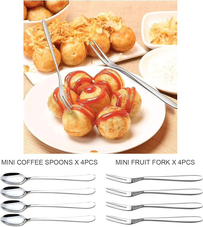 Linwnil Mini Cheese Knife Set with wood Handle - Stainless Steel Charcuterie Knife Set with 4 Fruit Forks & 4 Small Spoons - Compact Cheese Cutter Set for Charcuterie Boards