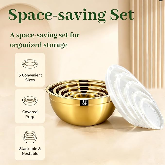 5-Piece Gold Stainless Steel Mixing Bowls with White Lids, Nesting Mixing Bowl Set in 1.5, 2.1, 3.5, 4 and 4.5 QT Sizes for Baking, Cooking, Meal Prep, Salad, Everyday Kitchen Use and Food Prep