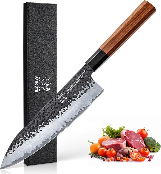 FAMCÜTE 8 Inch Japanese Knife, Hand Forged 5 Layers High Carbon 9CR18MOV Steel Rosewood Handle Chef Knife, Ultra Sharp Durable Professional Kitchen Knife, A Thoughtful Birthday Gifts for Men/Woman