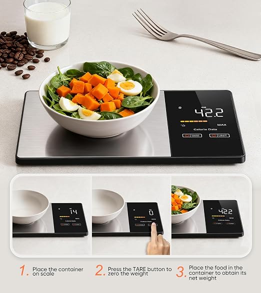 Smart Nutrition Food Scale with LED Display, Tracks Calories, Fat, Carbs & Protein via App, 1g Precision Digital Kitchen Scale for Healthy Eating & Meal Prep