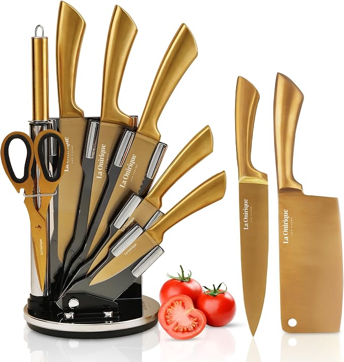 Luxury Silver & Gold Kitchen Knife Set with Block & Rod Sharpener – 8-Piece Titanium-Coated Stainless Steel Knives Set, Super Sharp Cutlery Tools, Stylish Knives Set for Kitchen