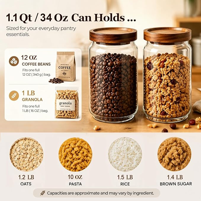 ComSaf Glass Jar with Acacia Wood Lid 34oz 1Pack, Food Storage Container | 1.1Qt Canister, Oats Coffee Sugar Pasta Candy Cookies Nut, Kitchen Pantry, Decorative, Countertop Display, Food-Grade, Label