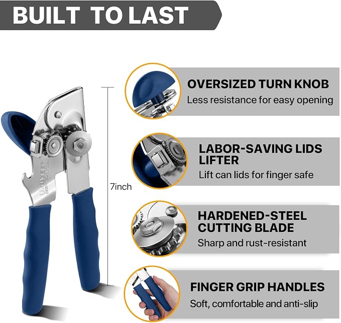 Can Opener Manual Heavy Duty, UHIYEE Hand Held Can Openers for Seniors with Comfort Grip Sharp Blade, Solid Steel Hand Manual Can Open with Magnet for Kitchen Camping, Blue