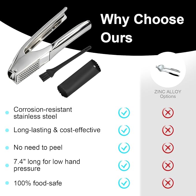 Garlic Press Stainless Steel, Garlic Mincer & Crusher with Peeler Tube and Cleaning Brush, Large Capacity Ergonomic Handle, No Need to Peel, Dishwasher Safe Garlic Press with Built-in Bottle Opener