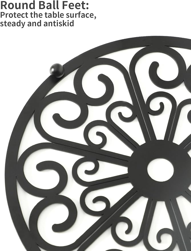 2 Pack Decorative Round Flower Trivets - 7 Inch Iron Pot Pads, Black Elegant Kitchen and Dining Table Protector, Teapot Stands Holders, Metal Plant Holder for Desktop Potted Plant、Small Green Plants