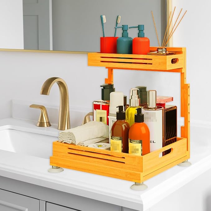Under Sink Organizer, Premium Bamboo Wood Pull Out Cabinet Organizer, 2 Tier Slide Out Sink Shelf Cabinet Storage Shelves, Under Sink Storage for Kitchen Bathroom Cabinet