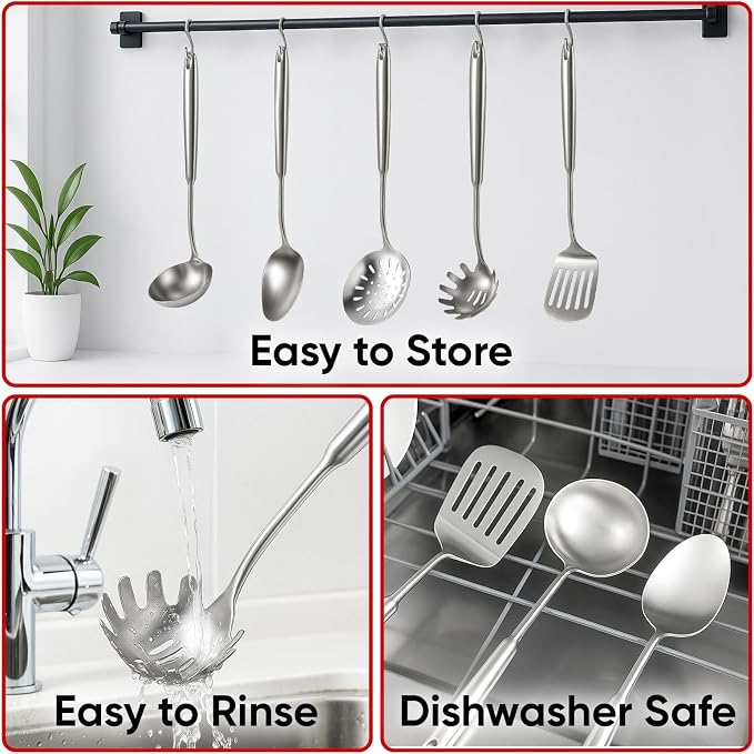 5 Pcs Newness Cooking Utensils Set, 304 Stainless Steel Kitchen Utensils Set, Metal Kitchen Accessories, Include Soup Ladle, Slotted Skimmer Spoon, Spaghetti Spoon and Spatula, Dishwasher Safe