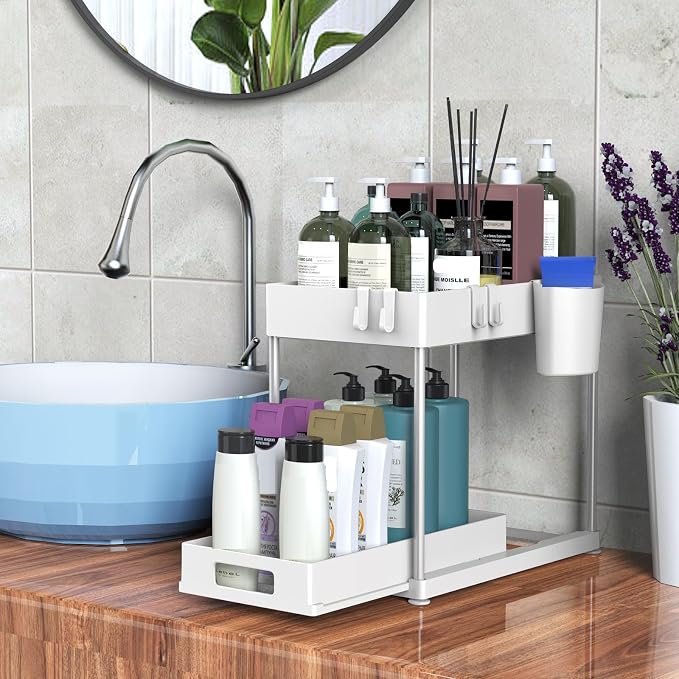 2 Pack Under Sink Organizer with Pull-Out Drawer, White | 2-Tier Cabinet Storage, Kitchen & Bathroom, Tool-Free Assembly, Fits Cleaning Supplies & Toiletries, Space Saving