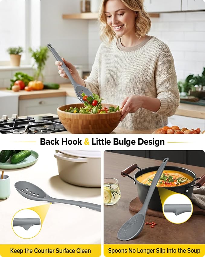Pack of 2 Silicone Cooking Spoons, Non Stick Solid Kitchen Spoon with Measuring Marks & Back Hooks, Heat Resistant Silicone Slotted Spoon for Cooking, Mixing, Stirring,Serving (GRAY)