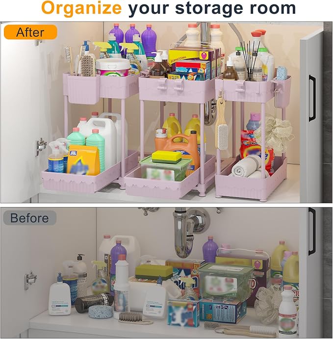 3 Pack Under Sink Organizers, 2-Tier Multi-Use Kitchen and Bathroom Organizers and Storage with Sliding Drawers, Bathroom Cabinet Organizer (Pink, 14.8 Inch) | Multi-use kitchen & bathroom storage, 14.8 inch pink cabinet organizer, space-saving sliding...